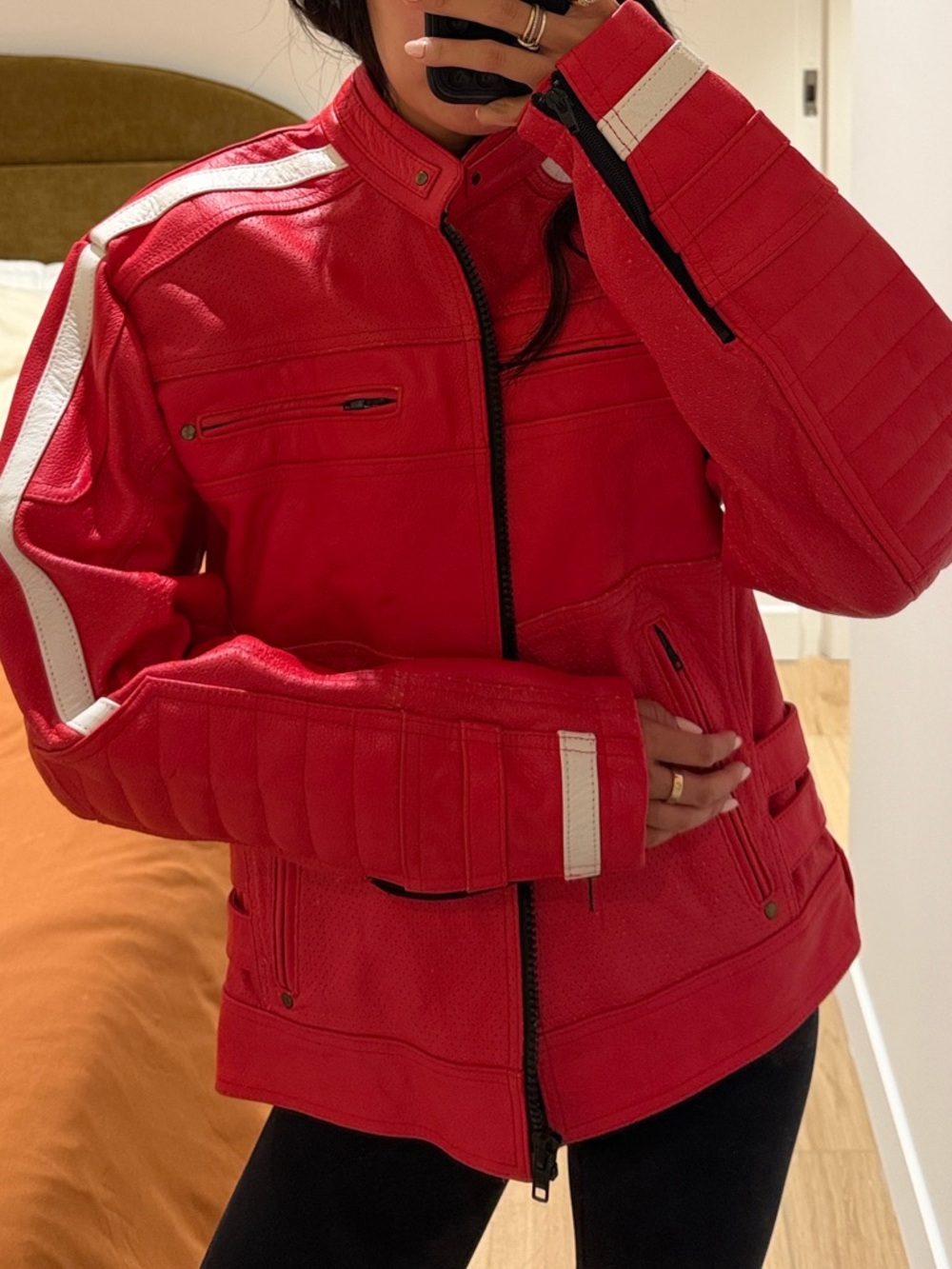 Red Biker-Style Moto Jacket with White Stripes